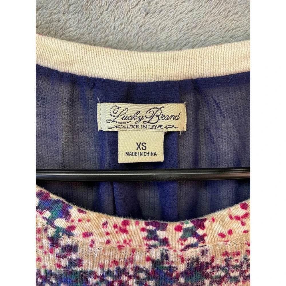 Lucky Brand Mixed Media Plaid Sweater Navy Blue Chiffon Split Back XS